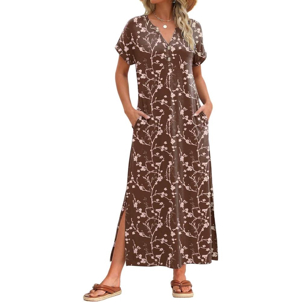 imageZeagoo Summer Dresses for Women 2026 Maxi Dresses Vacation Sundress Short Sleeve Casual Sundresses Split Dress with PocketsFloralxh267