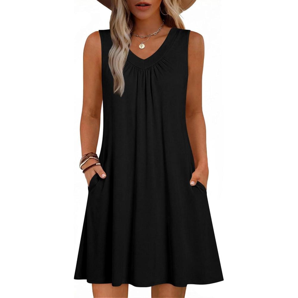 imageZeagoo Summer Dresses for Women 2026 Sleeveless Dress V Neck Tank Dress Pleated Floral Tshirt Sundresses with PocketsBlack
