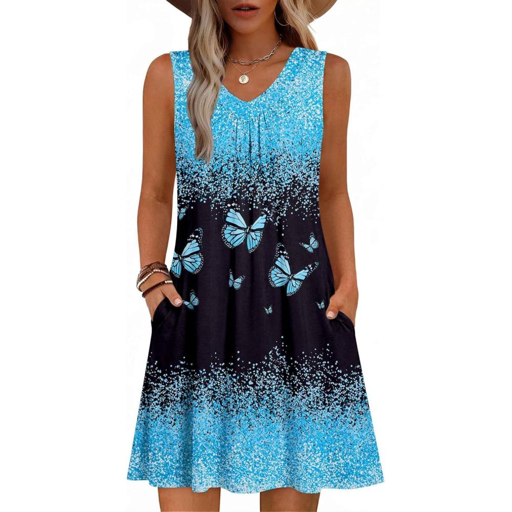 imageZeagoo Summer Dresses for Women 2026 Sleeveless Dress V Neck Tank Dress Pleated Floral Tshirt Sundresses with PocketsButterflyprinted