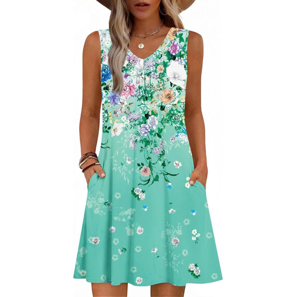 imageZeagoo Summer Dresses for Women 2026 Sleeveless Dress V Neck Tank Dress Pleated Floral Tshirt Sundresses with PocketsFloral6