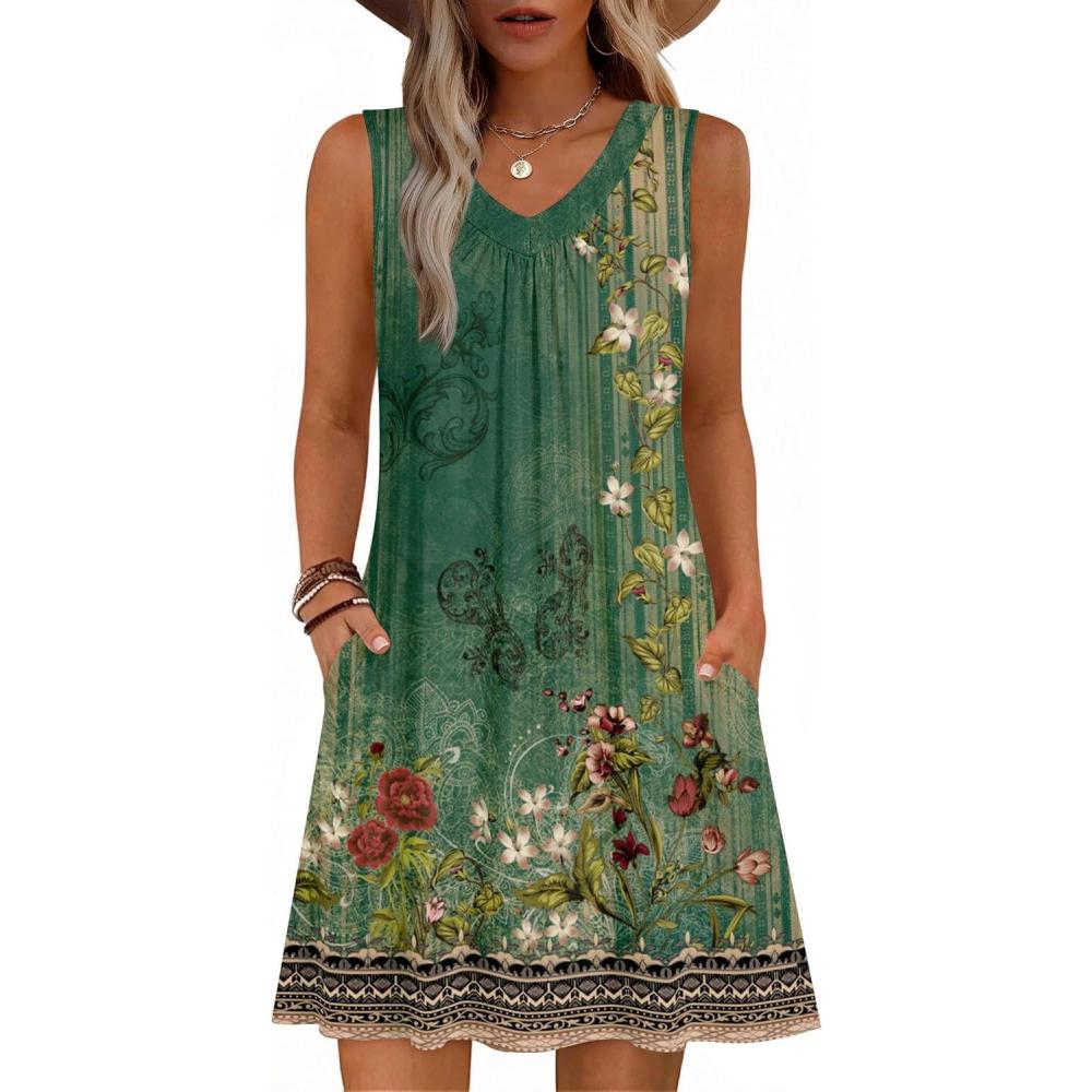 imageZeagoo Summer Dresses for Women 2026 Sleeveless Dress V Neck Tank Dress Pleated Floral Tshirt Sundresses with PocketsGreen Floral