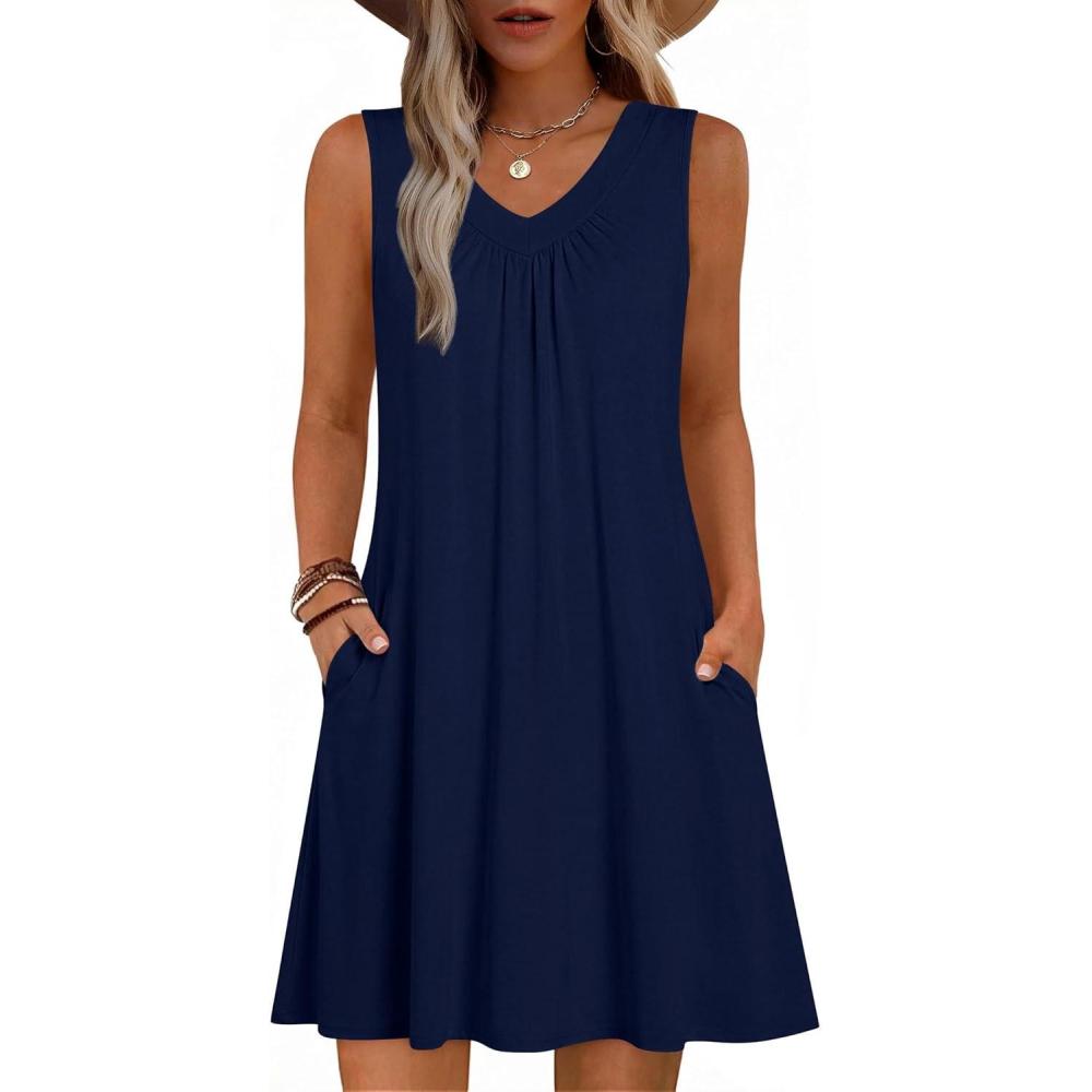 imageZeagoo Summer Dresses for Women 2026 Sleeveless Dress V Neck Tank Dress Pleated Floral Tshirt Sundresses with PocketsNavy Blue