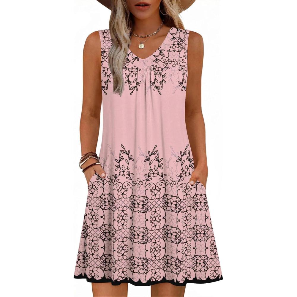 imageZeagoo Summer Dresses for Women 2026 Sleeveless Dress V Neck Tank Dress Pleated Floral Tshirt Sundresses with PocketsPink Print