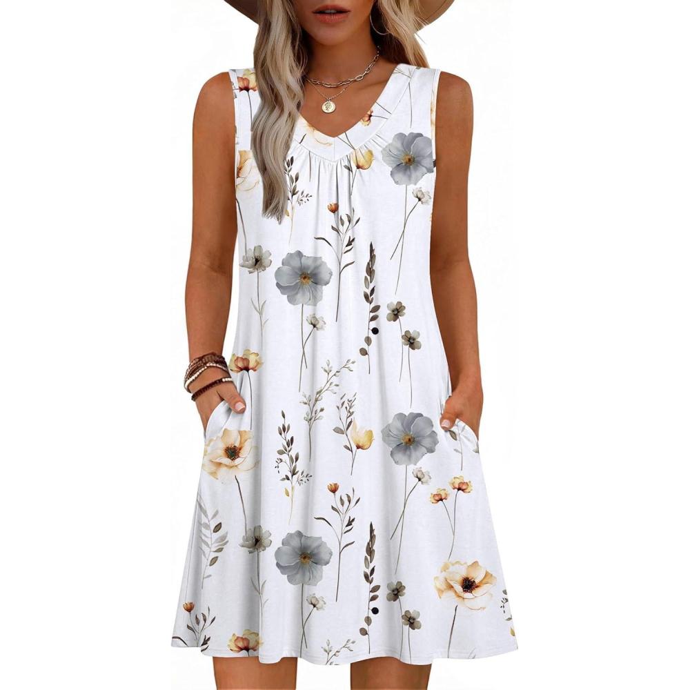 imageZeagoo Summer Dresses for Women 2026 Sleeveless Dress V Neck Tank Dress Pleated Floral Tshirt Sundresses with PocketsWhite Floral