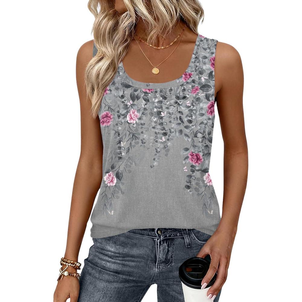 imageZeagoo Tank Top for Women Summer Loose Fit Casual Flowy Sleeveless Tops Trendy Scoop Neck Basic Shirts Tee 2026Hf36grey Leaves