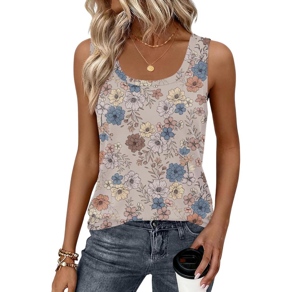 imageZeagoo Tank Top for Women Summer Loose Fit Casual Flowy Sleeveless Tops Trendy Scoop Neck Basic Shirts Tee 2026Sf170floral Khaki