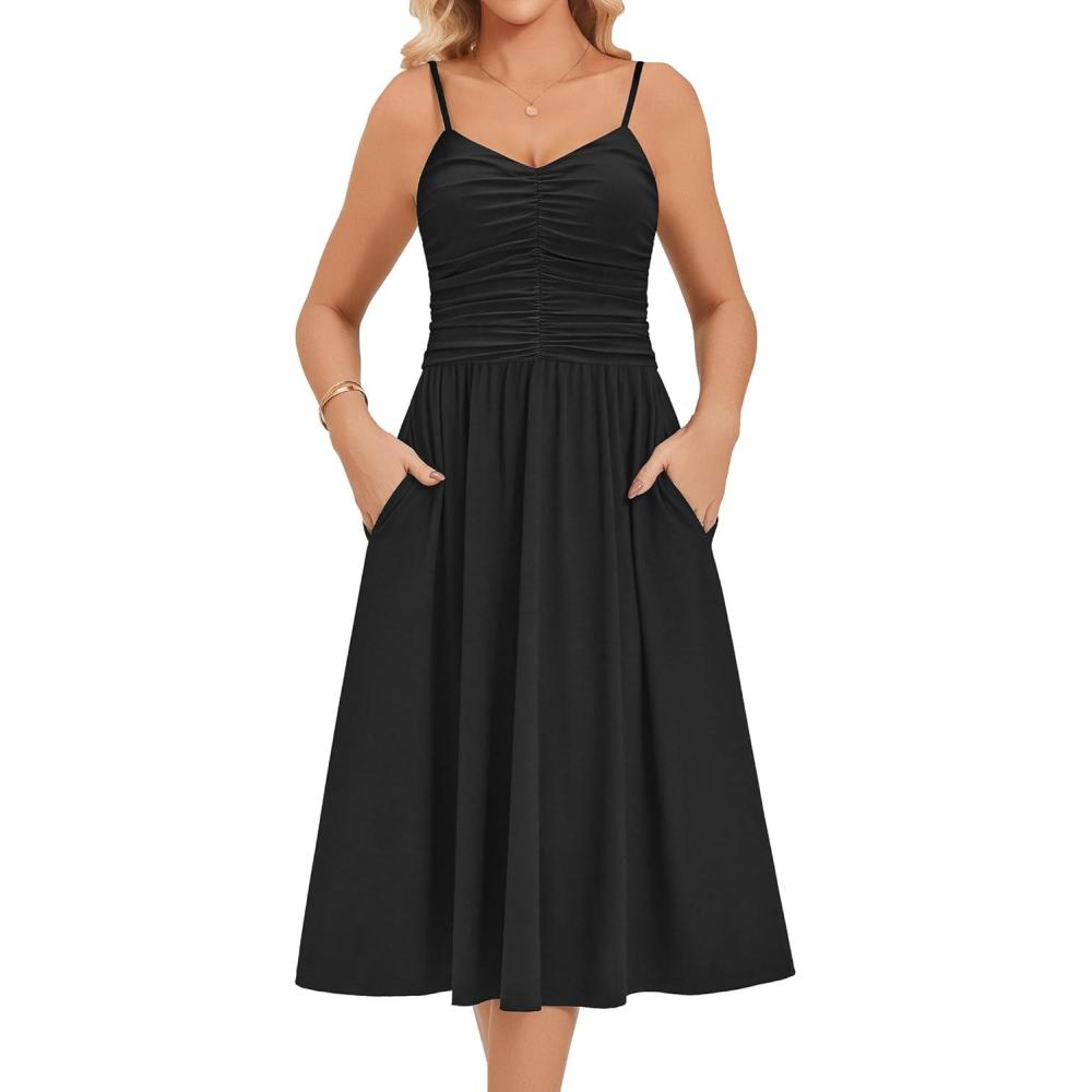 imageZeagoo Women 2026 Summer Adjustable Spaghetti Strap Sundress Casual Ruched Floral V Neck Midi Flowy Beach Dress with PocketsBlack