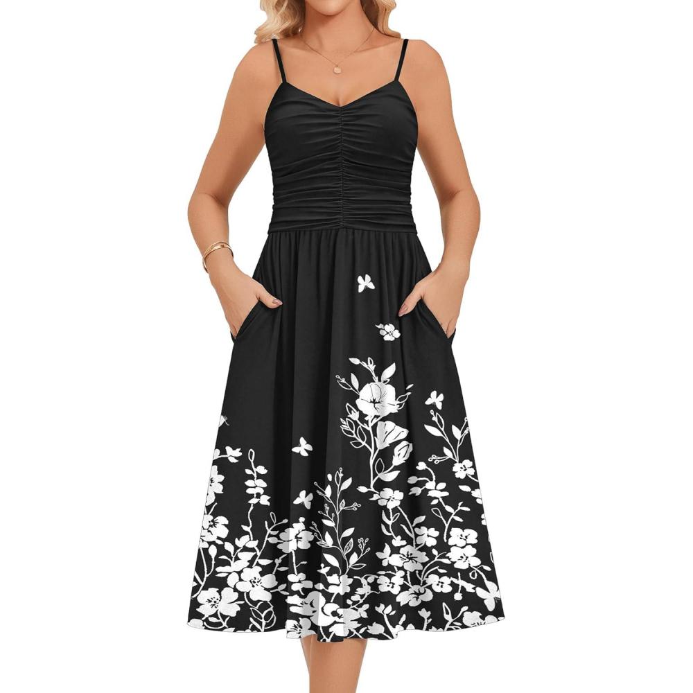 imageZeagoo Women 2026 Summer Adjustable Spaghetti Strap Sundress Casual Ruched Floral V Neck Midi Flowy Beach Dress with PocketsBlack Floral