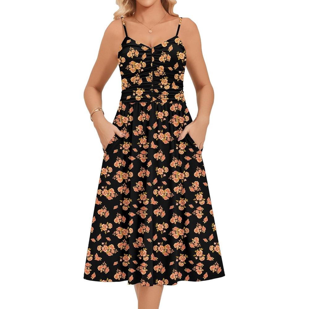 imageZeagoo Women 2026 Summer Adjustable Spaghetti Strap Sundress Casual Ruched Floral V Neck Midi Flowy Beach Dress with PocketsBlack Orange Floral