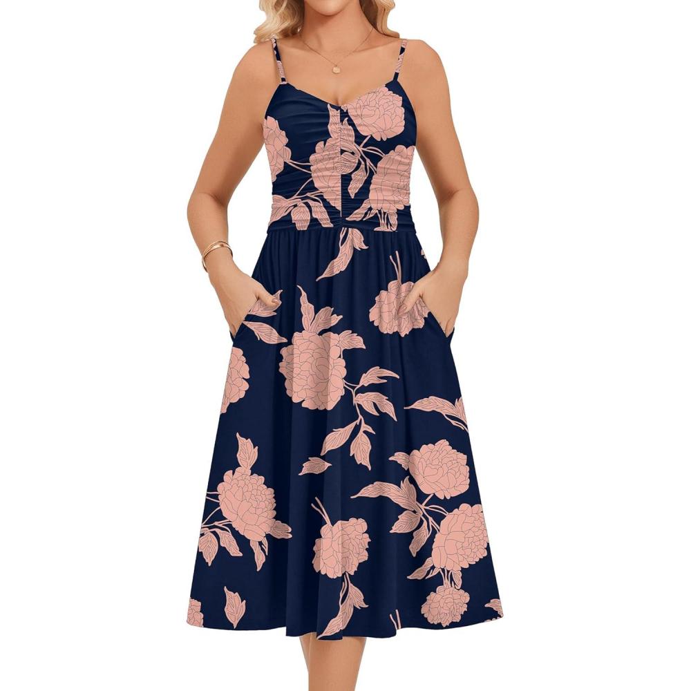 imageZeagoo Women 2026 Summer Adjustable Spaghetti Strap Sundress Casual Ruched Floral V Neck Midi Flowy Beach Dress with PocketsBlack Pink Floral