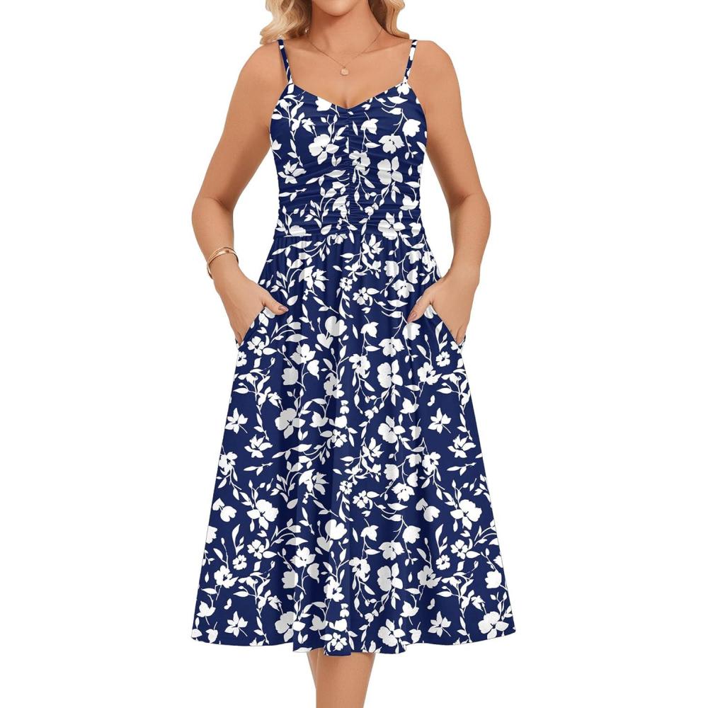 imageZeagoo Women 2026 Summer Adjustable Spaghetti Strap Sundress Casual Ruched Floral V Neck Midi Flowy Beach Dress with PocketsBlue White Floral