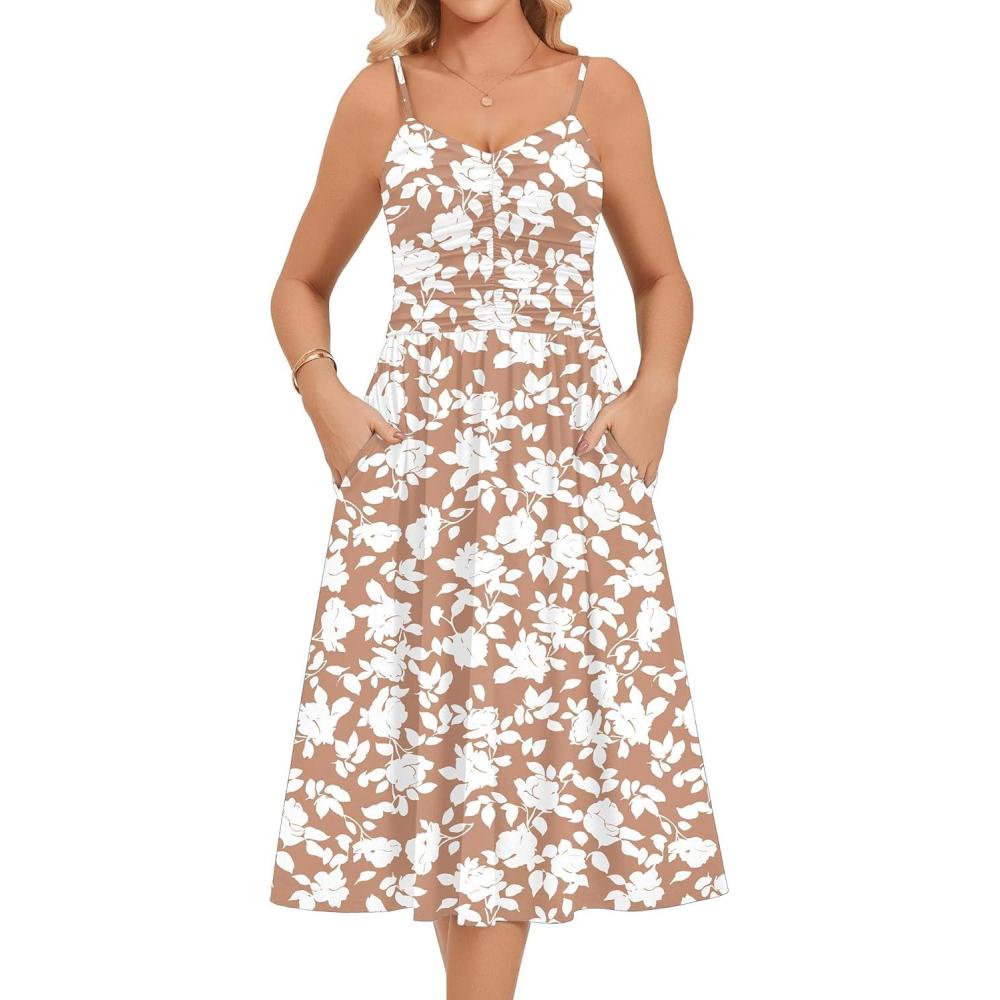 imageZeagoo Women 2026 Summer Adjustable Spaghetti Strap Sundress Casual Ruched Floral V Neck Midi Flowy Beach Dress with PocketsPink White Floral