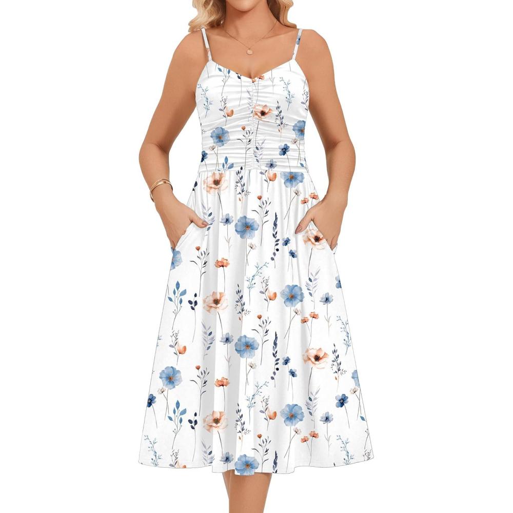 imageZeagoo Women 2026 Summer Adjustable Spaghetti Strap Sundress Casual Ruched Floral V Neck Midi Flowy Beach Dress with PocketsWhite Floral