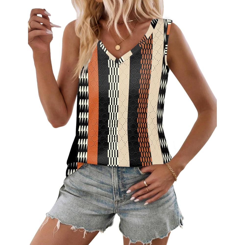 imageZeagoo Women Eyelet Tank Tops Sleeveless Shirts V Neck Cute Summer Top Loose Fit Camisole SXXLBlack Orange Stripe