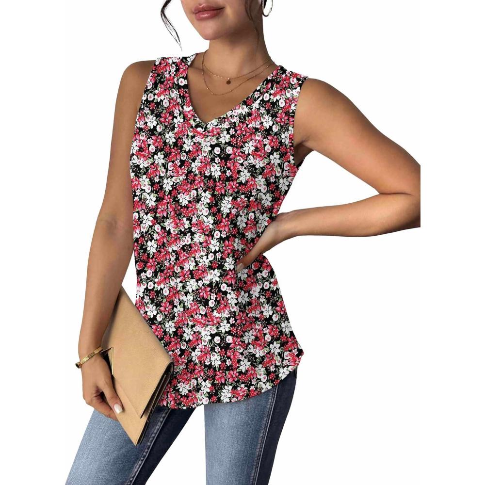 imageZeagoo Women Eyelet Tank Tops Sleeveless Shirts V Neck Cute Summer Top Loose Fit Camisole SXXLBlack Pink Floral