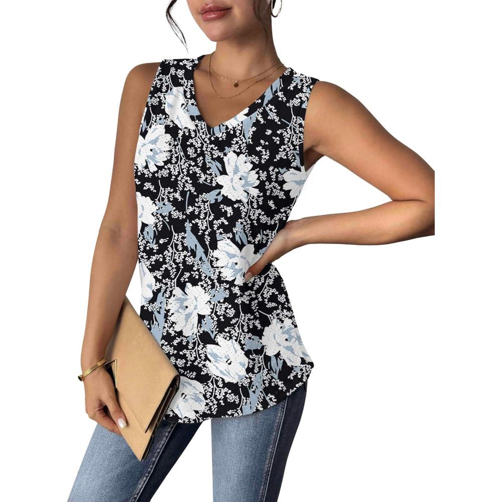 imageZeagoo Women Eyelet Tank Tops Sleeveless Shirts V Neck Cute Summer Top Loose Fit Camisole SXXLBlack White Floral