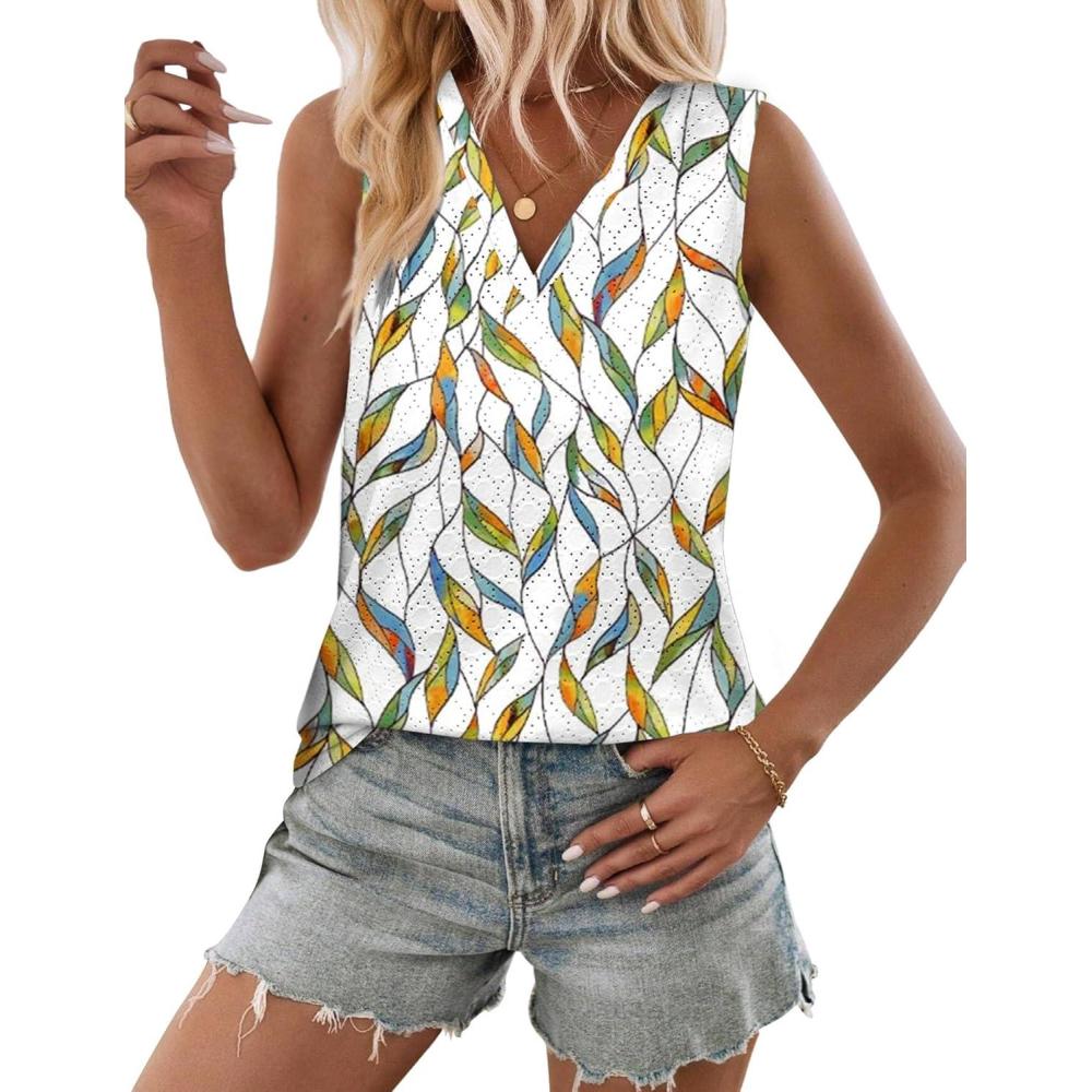 imageZeagoo Women Eyelet Tank Tops Sleeveless Shirts V Neck Cute Summer Top Loose Fit Camisole SXXLGreen Leaf