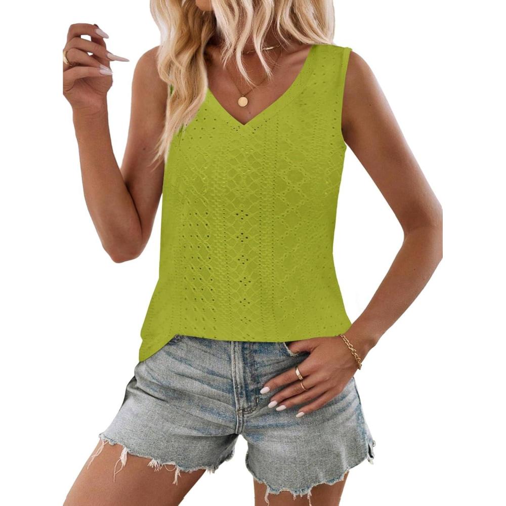 imageZeagoo Women Eyelet Tank Tops Sleeveless Shirts V Neck Cute Summer Top Loose Fit Camisole SXXLLight Green