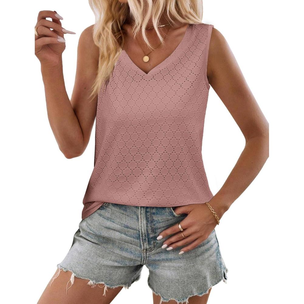 imageZeagoo Women Eyelet Tank Tops Sleeveless Shirts V Neck Cute Summer Top Loose Fit Camisole SXXLPink