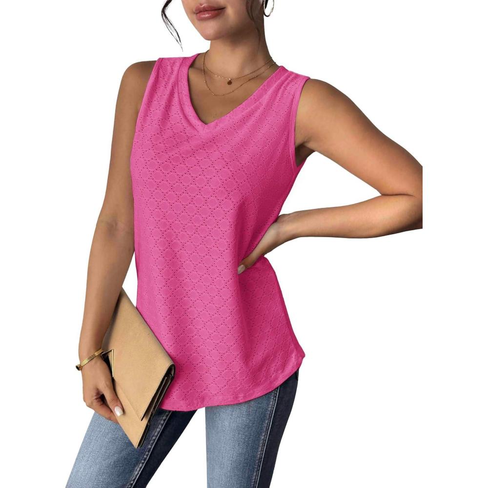 imageZeagoo Women Eyelet Tank Tops Sleeveless Shirts V Neck Cute Summer Top Loose Fit Camisole SXXLRose Red