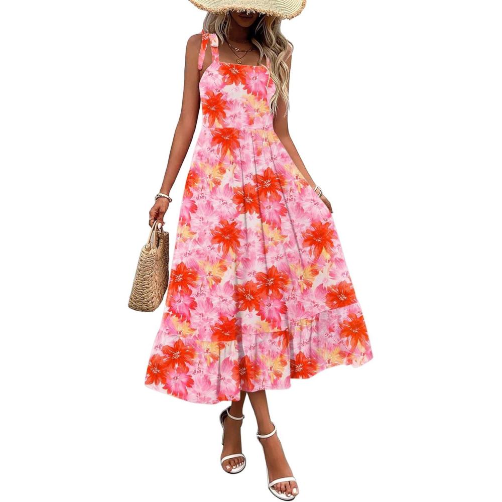 imageZeagoo Women Summer Maxi Dress with Pockets 2025 Spaghetti Strap Sundress Casual Flowy Boho Dress Floral Tiered Beach DressFloral1