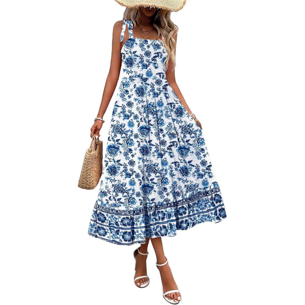 imageZeagoo Women Summer Maxi Dress with Pockets 2025 Spaghetti Strap Sundress Casual Flowy Boho Dress Floral Tiered Beach DressFloral4