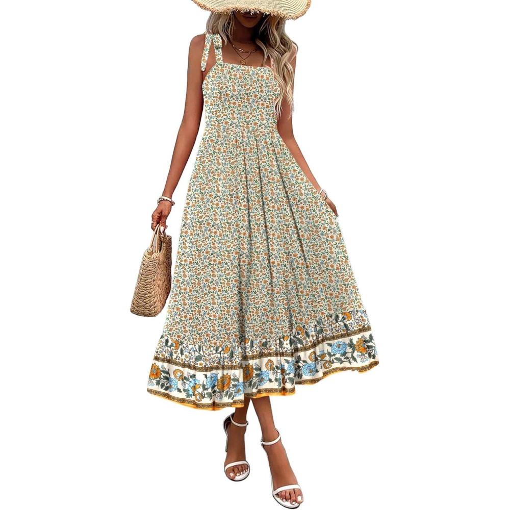 imageZeagoo Women Summer Maxi Dress with Pockets 2025 Spaghetti Strap Sundress Casual Flowy Boho Dress Floral Tiered Beach DressPink Flower
