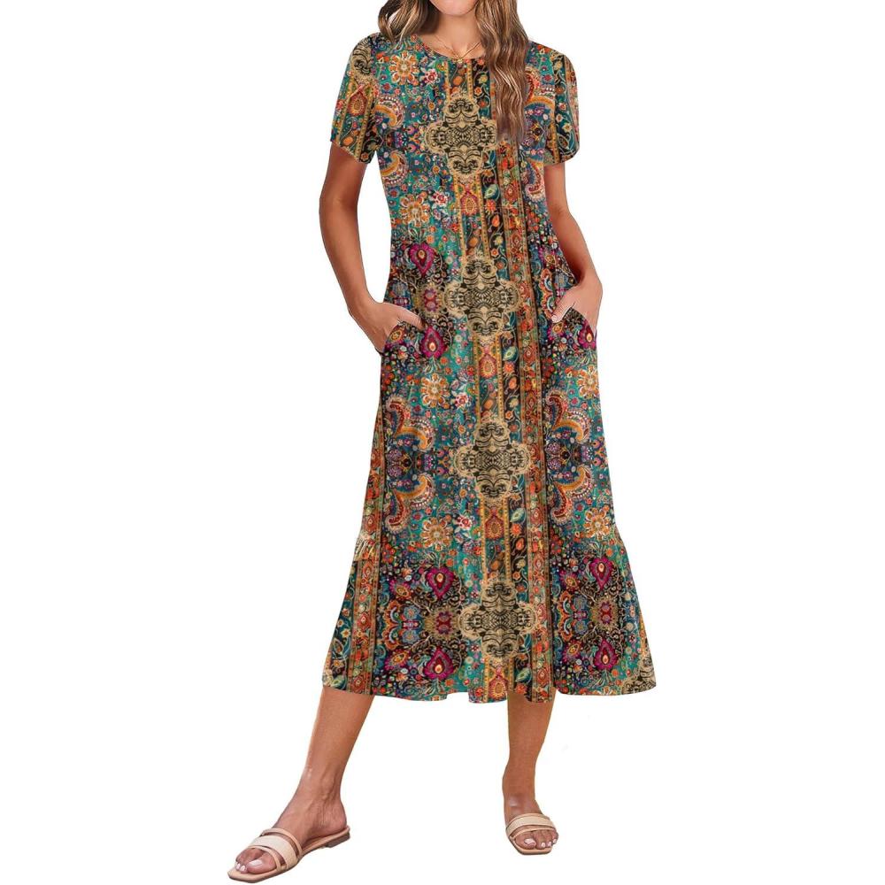 imageZeagoo Women Summer Midi A Line Dress Short Sleeve Casual Flowy Tiered Beach Long Sundress with Pockets 2026 Vacation TravelMz721
