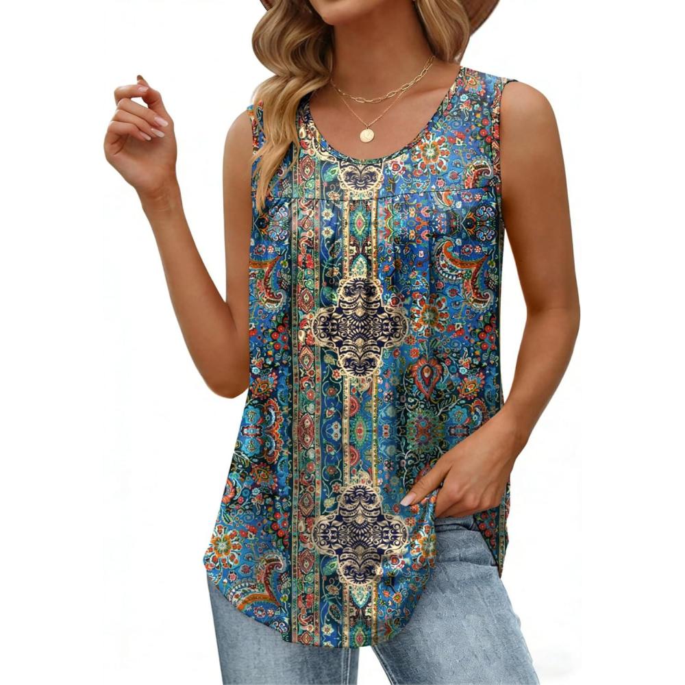 imageZeagoo Women Summer Tank Tops Loose Fit Flowy Boho Pleated Sleeveless Shirts Crew Neck Dressy Casual Tunic Trendy BlousesPrinted Paisley Mz779