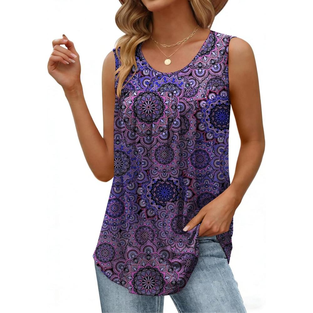 imageZeagoo Women Summer Tank Tops Loose Fit Flowy Boho Pleated Sleeveless Shirts Crew Neck Dressy Casual Tunic Trendy BlousesPrinted Paisley Mz929