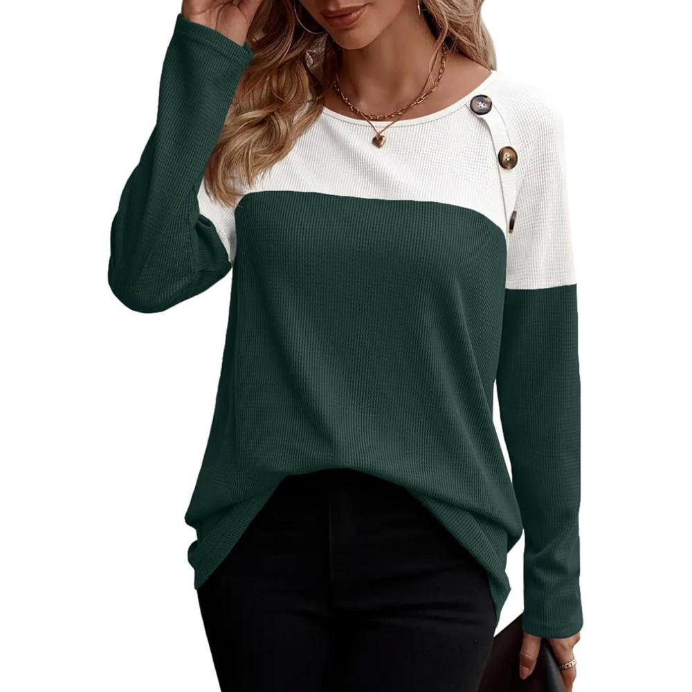 imageZeagoo Women Waffle Knit Shirts Long Sleeve Colorblock Tee Button Detail TunicsDeep Green