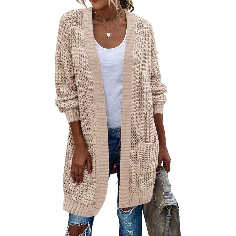 imageZeagoo Womens 2025 Fall Open Front Cardigan Long Batwing Sleeve Chunky Knit Sweater Loose Outerwear Coats with PocketsLightkhaki