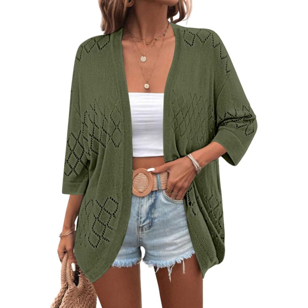 imageZeagoo Womens 2026 Lightweight Crochet Cardigan Sweaters Open Front 34 Sleeve Knit Kimono Summer Boho Cover UpArmy Green