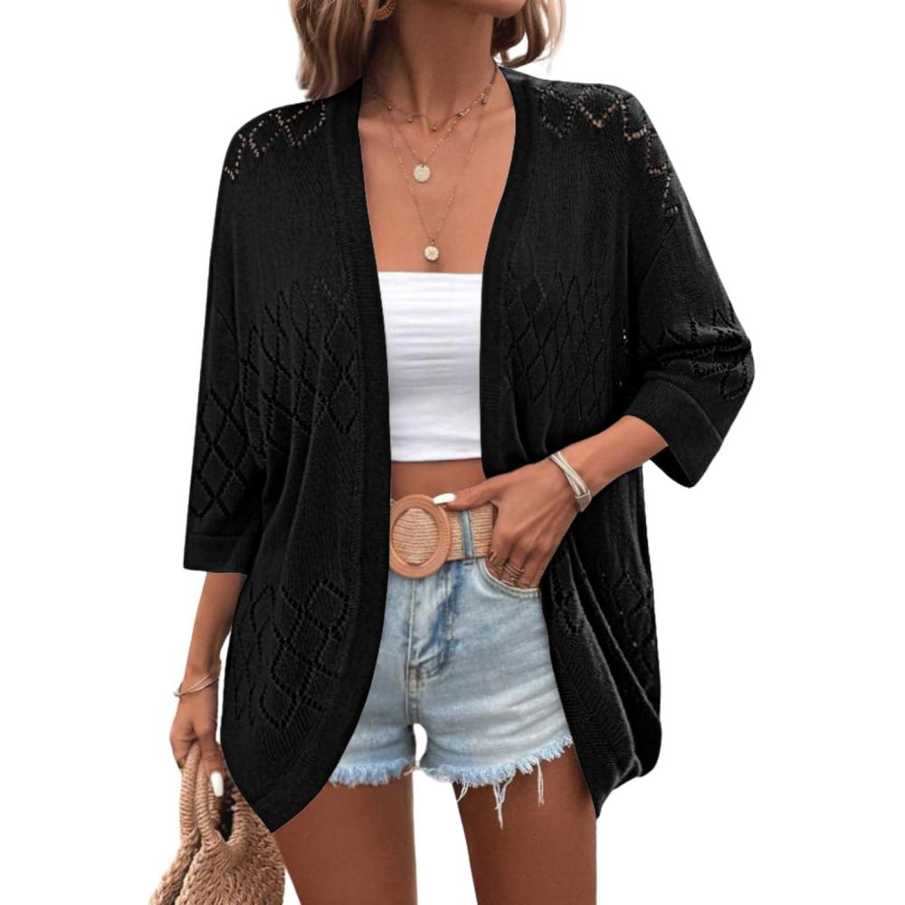 imageZeagoo Womens 2026 Lightweight Crochet Cardigan Sweaters Open Front 34 Sleeve Knit Kimono Summer Boho Cover UpBlack