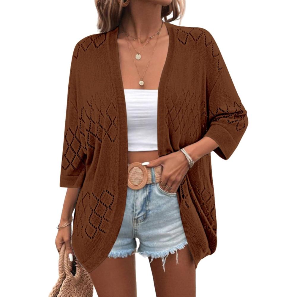imageZeagoo Womens 2026 Lightweight Crochet Cardigan Sweaters Open Front 34 Sleeve Knit Kimono Summer Boho Cover UpBrown