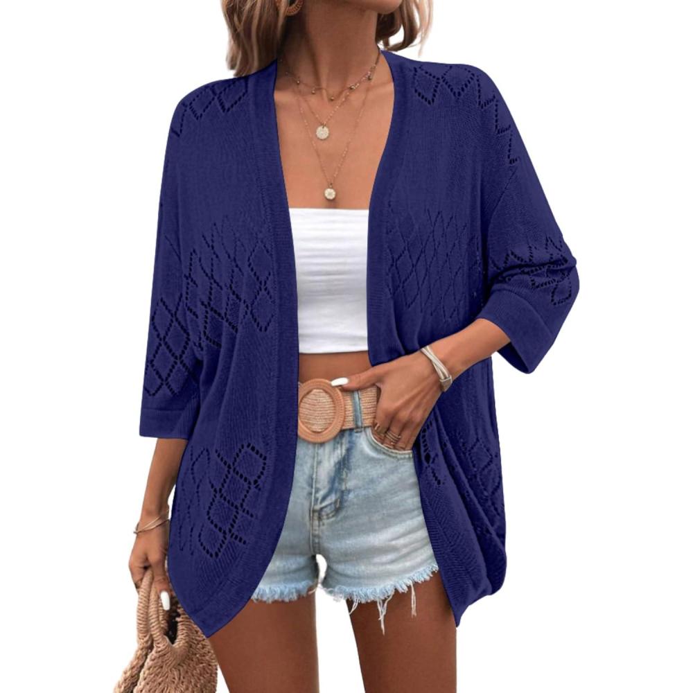 imageZeagoo Womens 2026 Lightweight Crochet Cardigan Sweaters Open Front 34 Sleeve Knit Kimono Summer Boho Cover UpDark Blue