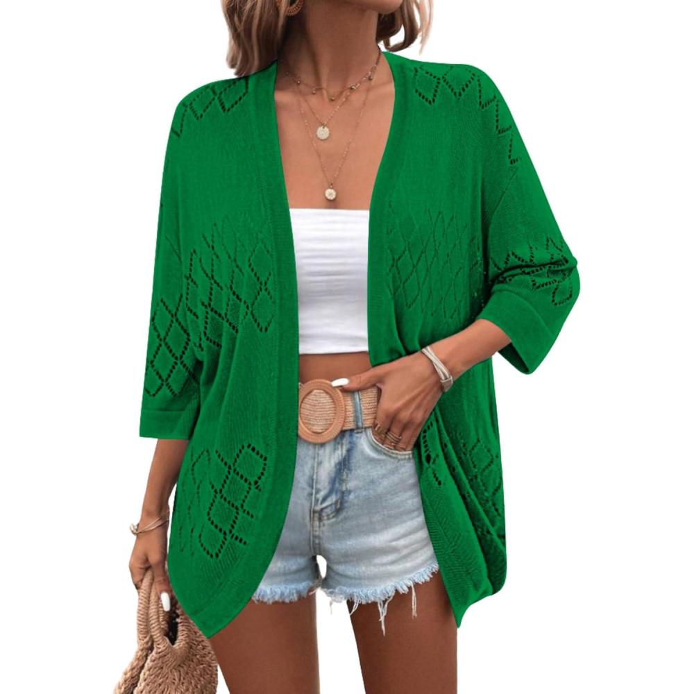 imageZeagoo Womens 2026 Lightweight Crochet Cardigan Sweaters Open Front 34 Sleeve Knit Kimono Summer Boho Cover UpGreen