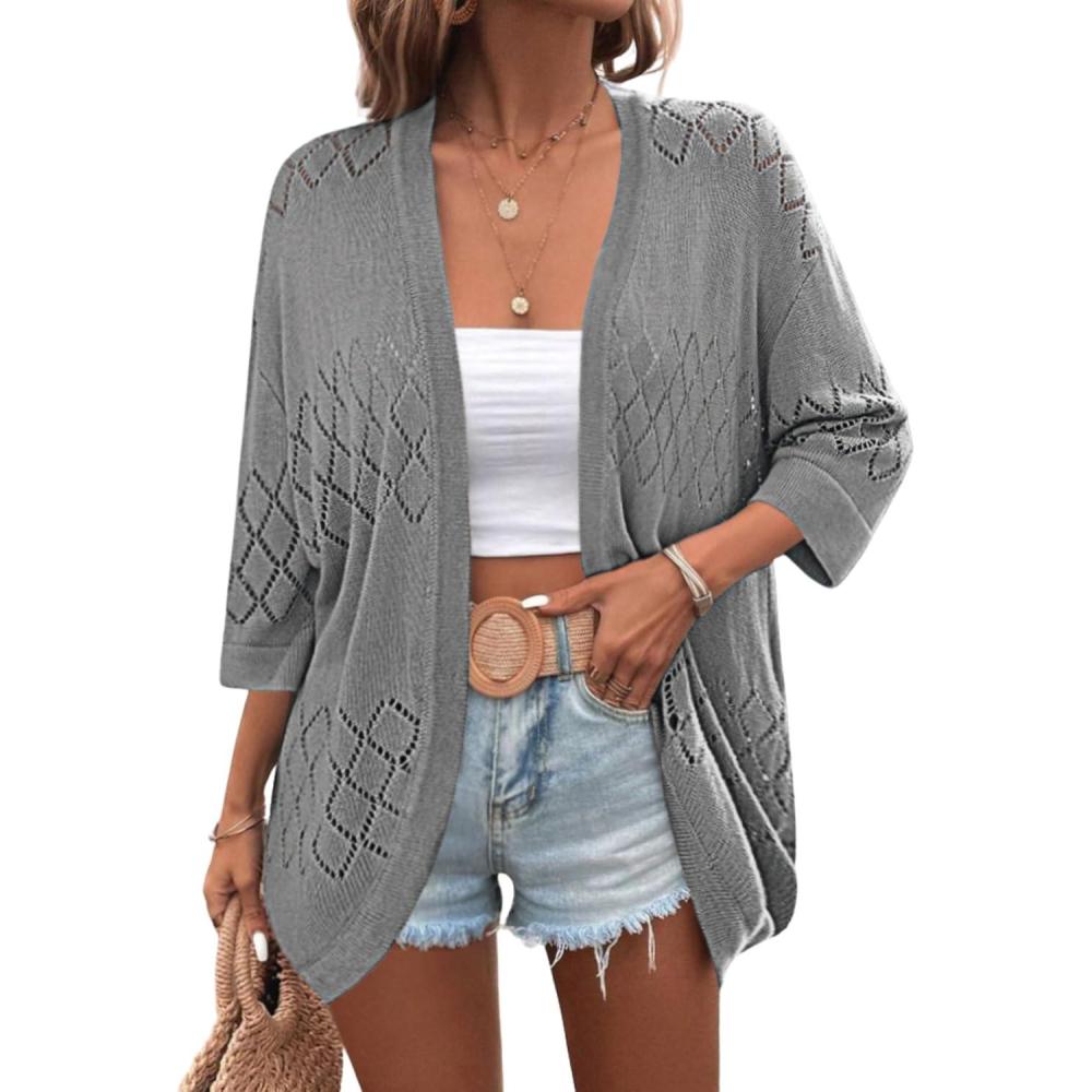 imageZeagoo Womens 2026 Lightweight Crochet Cardigan Sweaters Open Front 34 Sleeve Knit Kimono Summer Boho Cover UpGrey