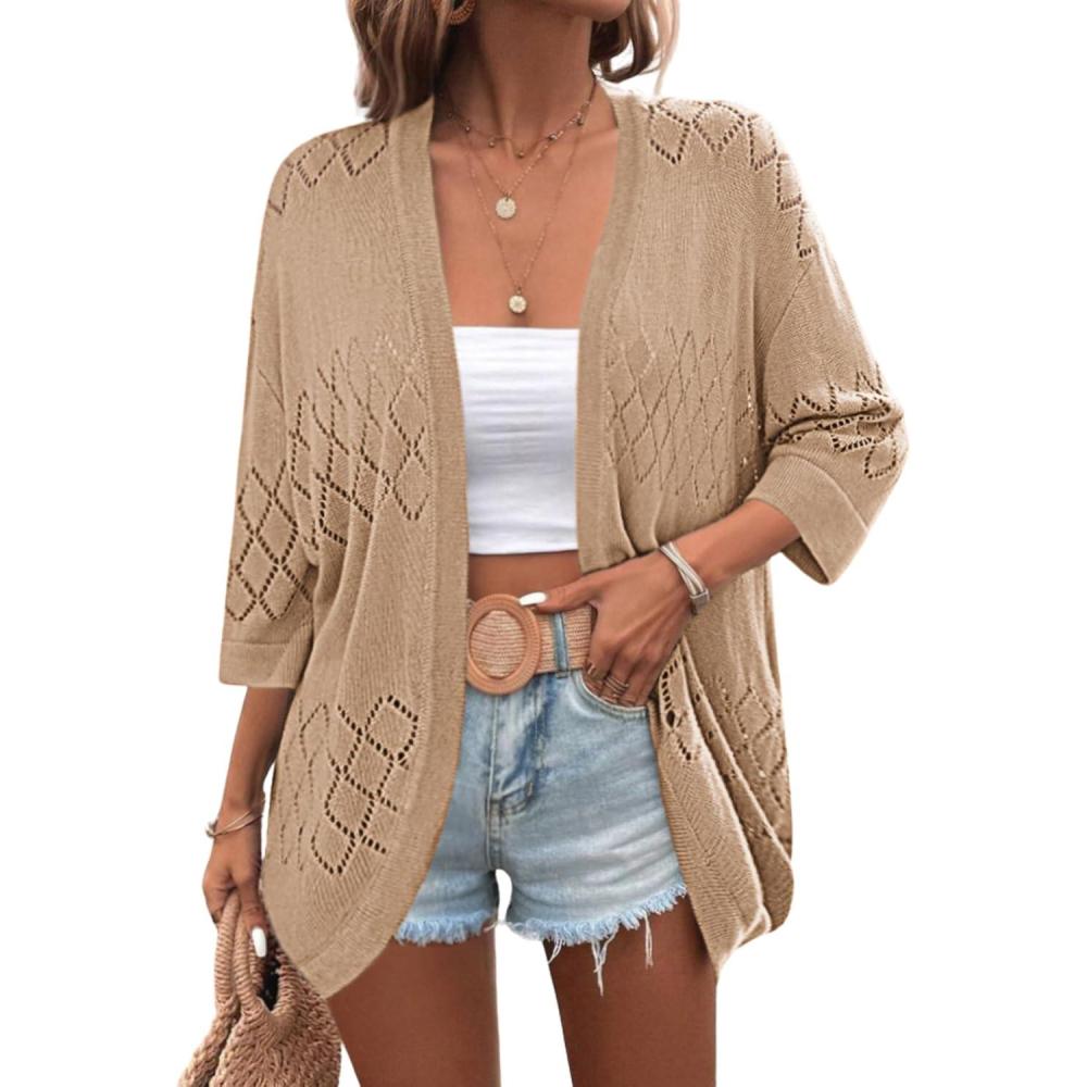 imageZeagoo Womens 2026 Lightweight Crochet Cardigan Sweaters Open Front 34 Sleeve Knit Kimono Summer Boho Cover UpKhaki