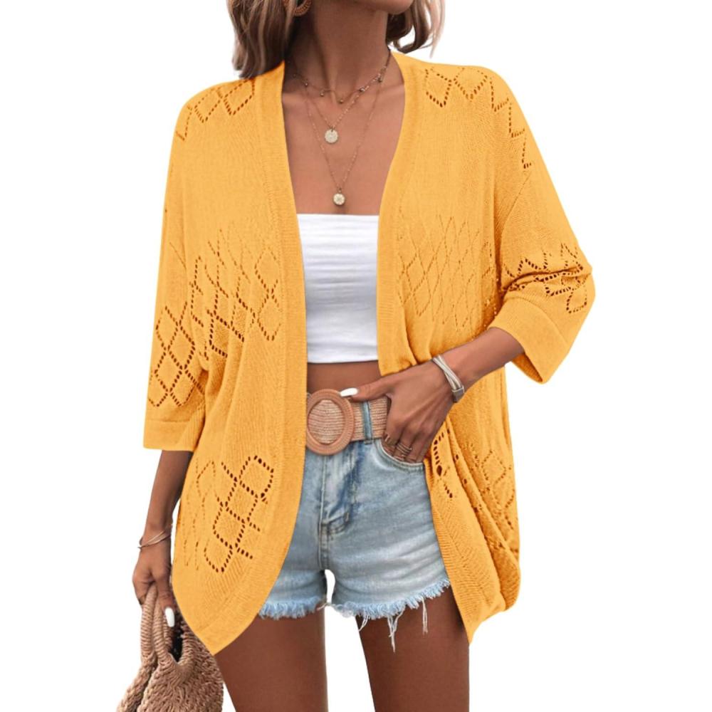 imageZeagoo Womens 2026 Lightweight Crochet Cardigan Sweaters Open Front 34 Sleeve Knit Kimono Summer Boho Cover UpYellow