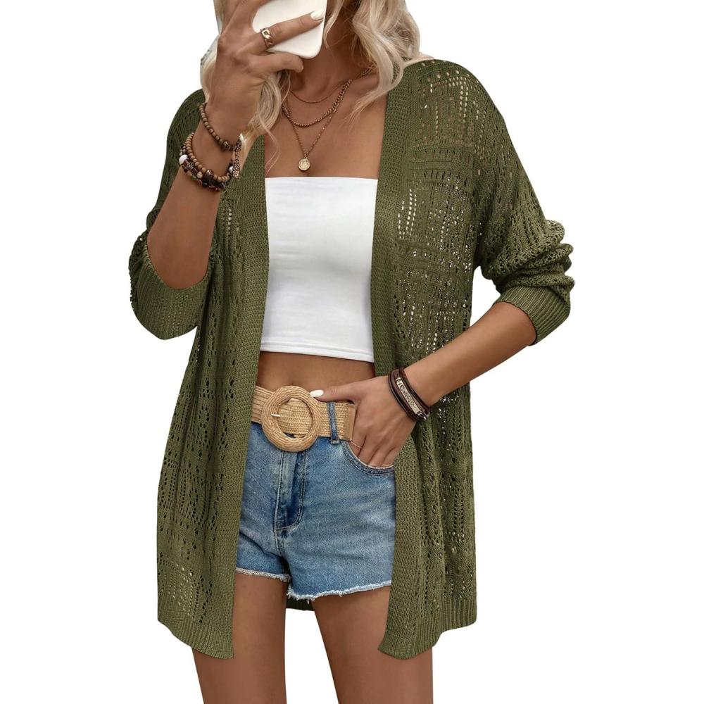 imageZeagoo Womens 2026 Summer Crochet Cardigan Sweaters Lightweight Long Sleeve Open Front Kimono Boho Knit Cover UpsArmy Green
