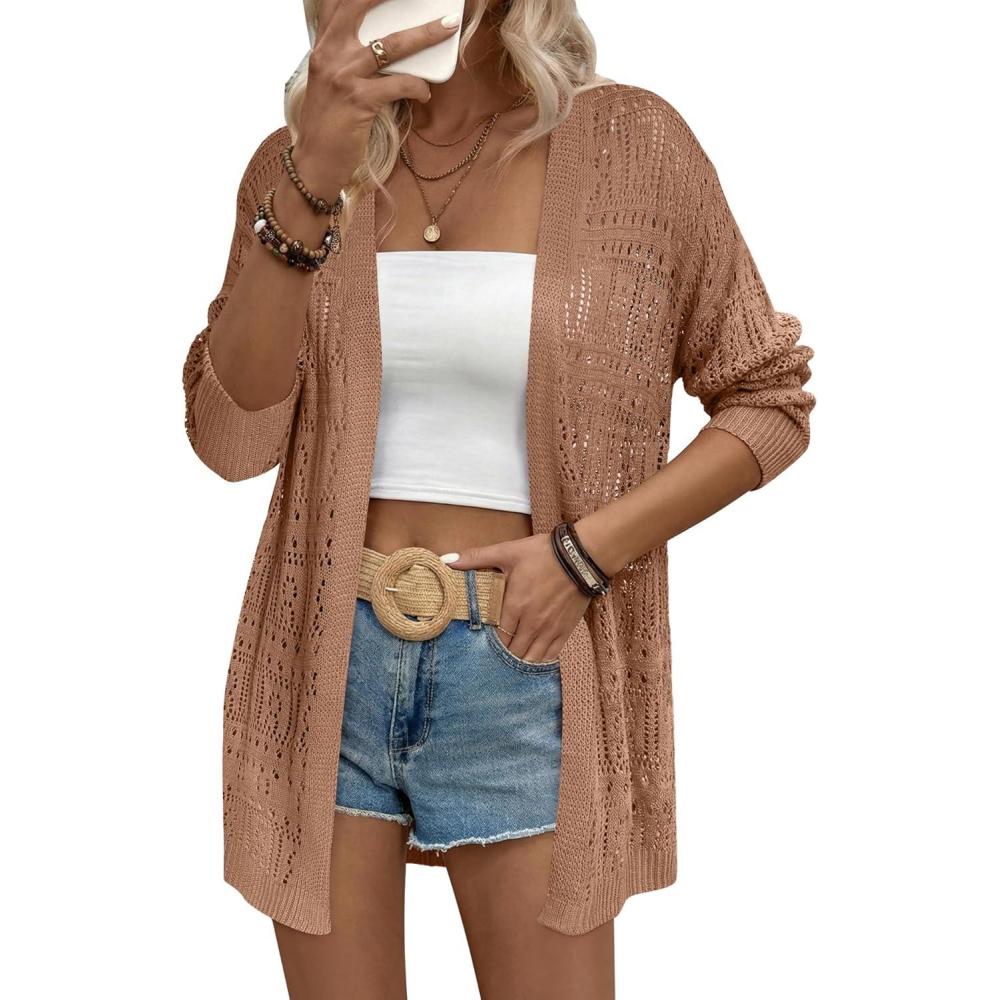 imageZeagoo Womens 2026 Summer Crochet Cardigan Sweaters Lightweight Long Sleeve Open Front Kimono Boho Knit Cover UpsBrown