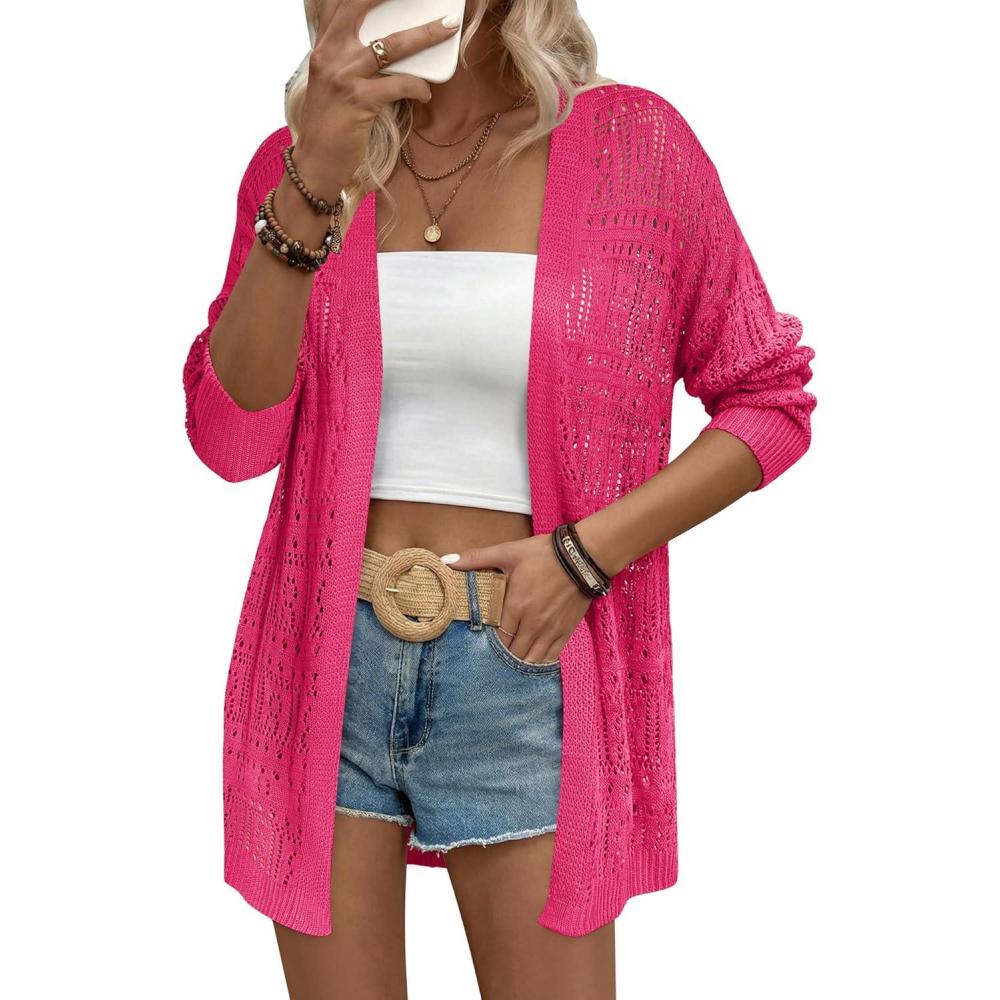 imageZeagoo Womens 2026 Summer Crochet Cardigan Sweaters Lightweight Long Sleeve Open Front Kimono Boho Knit Cover UpsHot Pink