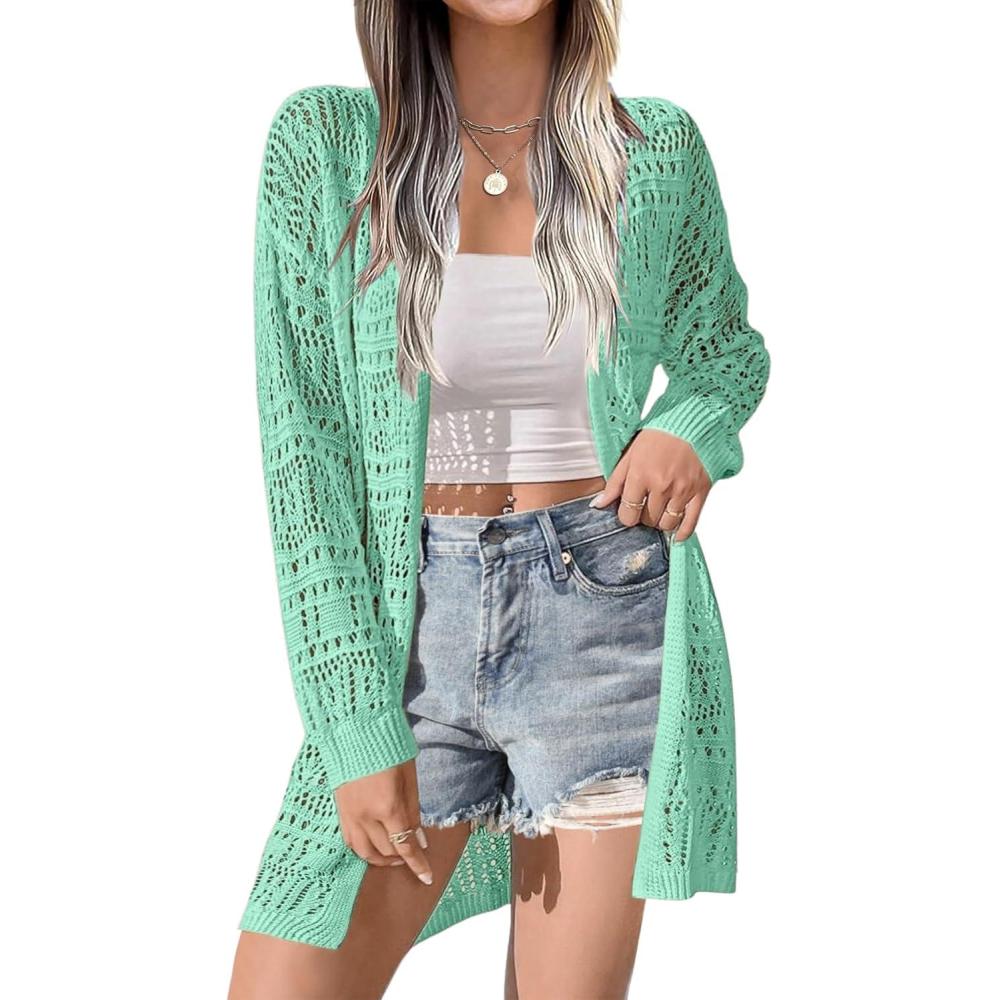 imageZeagoo Womens 2026 Summer Crochet Cardigan Sweaters Lightweight Long Sleeve Open Front Kimono Boho Knit Cover UpsLight Green