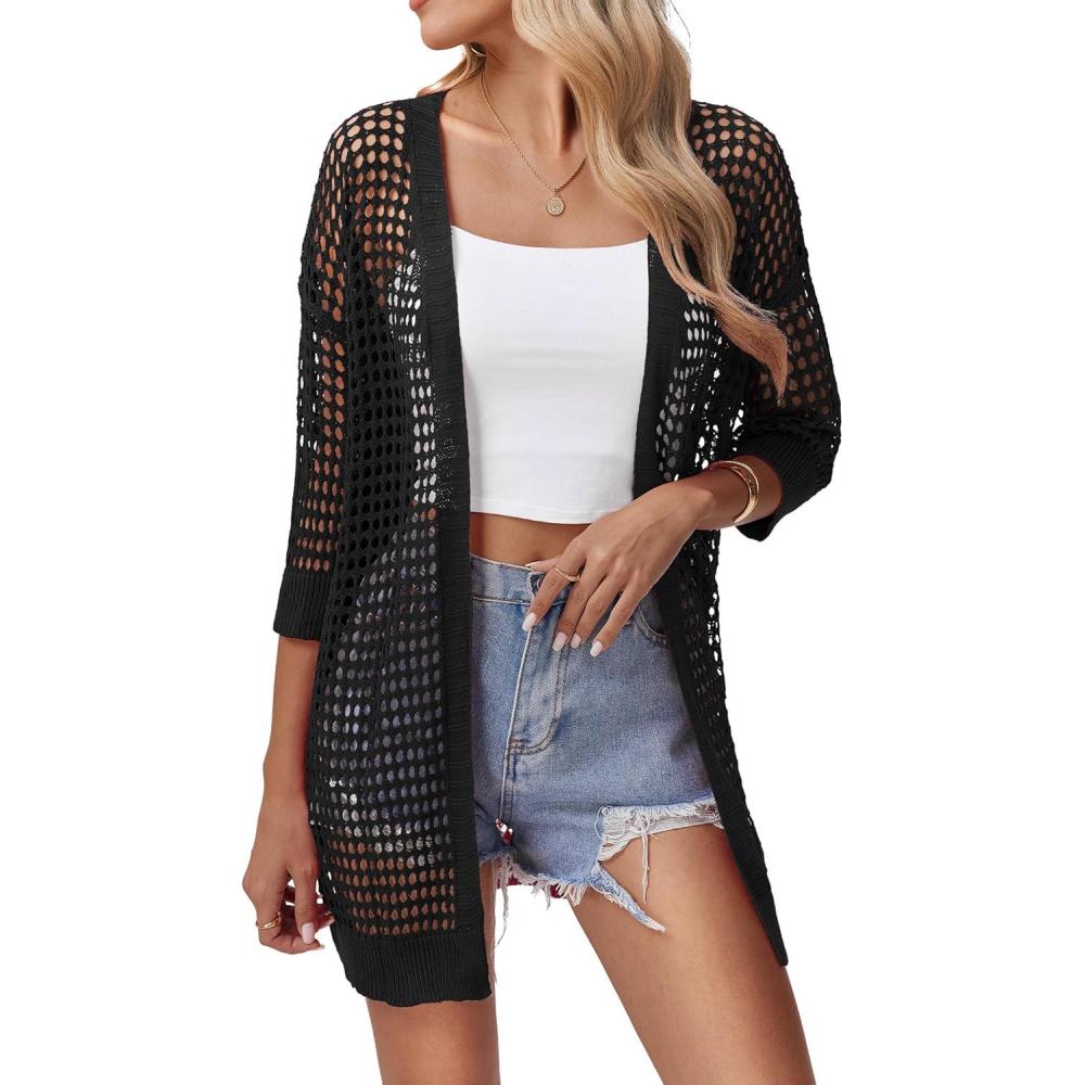 imageZeagoo Womens 2026 Summer Crochet Lightweight Cardigan Short Sleeve Boho Kimono Oversized Open Front Sweater TopsBlack