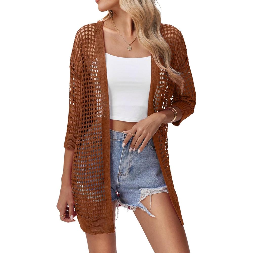 imageZeagoo Womens 2026 Summer Crochet Lightweight Cardigan Short Sleeve Boho Kimono Oversized Open Front Sweater TopsCaramel