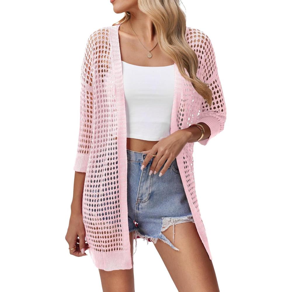 imageZeagoo Womens 2026 Summer Crochet Lightweight Cardigan Short Sleeve Boho Kimono Oversized Open Front Sweater TopsLight Pink