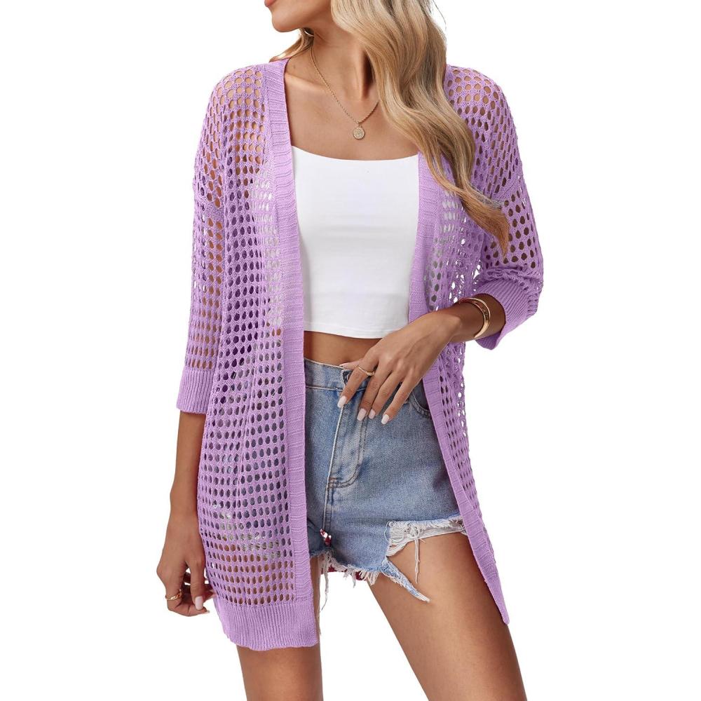 imageZeagoo Womens 2026 Summer Crochet Lightweight Cardigan Short Sleeve Boho Kimono Oversized Open Front Sweater TopsLilac