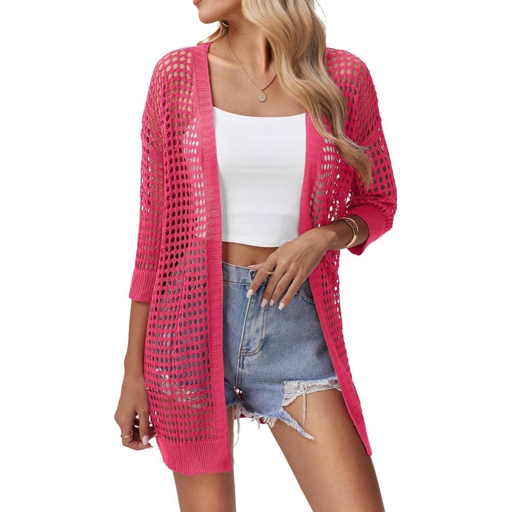 imageZeagoo Womens 2026 Summer Crochet Lightweight Cardigan Short Sleeve Boho Kimono Oversized Open Front Sweater TopsRose Red