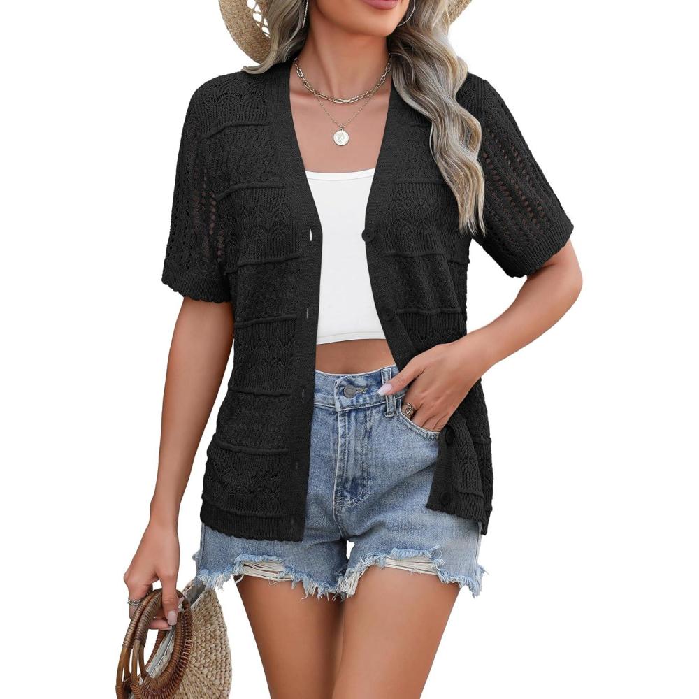 imageZeagoo Womens 2026 Summer Short Sleeve Crochet Cardigan V Neck Cropped Lightweight Button up Bolero Shrug SweaterBlack